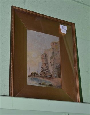 Lot 691 - Oil preparatory sketch of rocks on a beach by George Blackie Sticks dated 1888