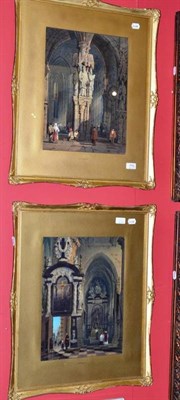 Lot 710 - Watercolour pair after Samuel Prout, Continental interior scenes, bearing false signature