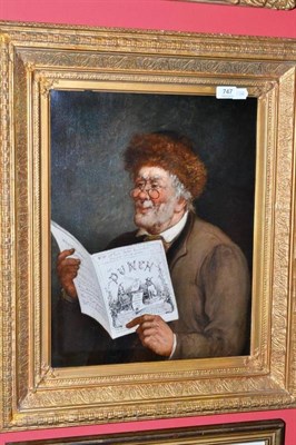 Lot 747 - Oil painting of an elderly gentleman reading 'Punch'