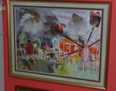 Lot 751 - Margaret Shields (20th/21st century) 'Fairground', signed and dated (19)70, oil on board, 44cm...