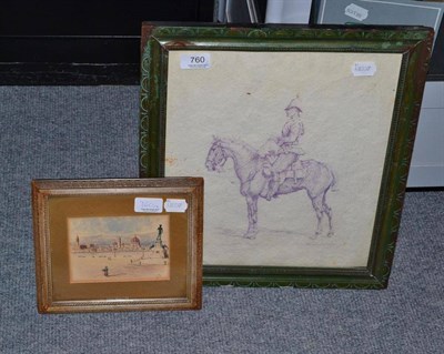 Lot 760 - F* Remington 'Officer in First', inscribed and a small gilt framed watercolour, possibly...