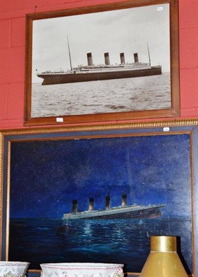 Lot 778 - Gordon Ellis (1920-1978), ";The sinking of the Titanic"; oil on board, 1972 and a framed black...