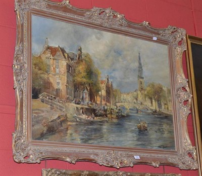 Lot 791 - Large oil painting of an Amsterdam canal scene with boats