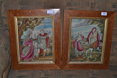 Lot 797 - A pair of 19th century framed silkwork pictures depicting biblical scenes in moulded oak frames