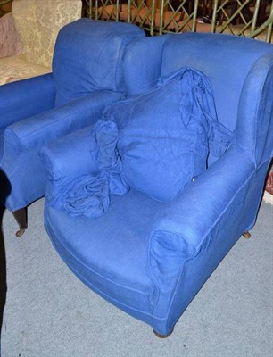 Lot 839 - Two Victorian easy chairs with blue loose covers