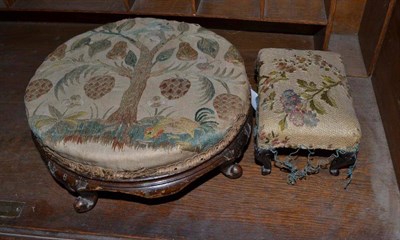 Lot 843 - Small foot stool with early needlework and a smaller model stool