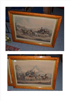 Lot 849 - Pair of coaching prints in original burr maple veneered frames