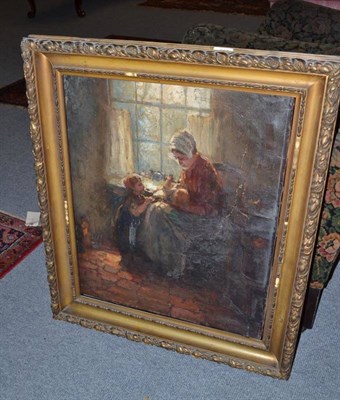 Lot 850 - English school circa 1900, mother with two children by a window, indistinctly signed, 60cm by 50cm