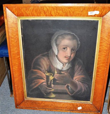 Lot 851 - After Rembrandt, lady with a brass oil lamp, pastels on paper laid on to canvas, 60cm by 50cm...