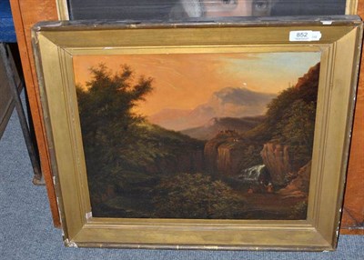 Lot 852 - Continental school, 19th century, three figures by a waterfall in a mountainous landscape, 37cm...