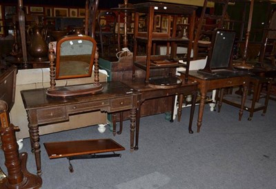 Lot 863 - Brass fire screen, Victorian adjustable bed table, two dressing table mirrors, oak desk, three tier