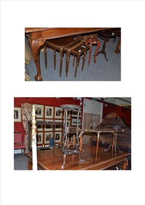 Lot 870 - A nest of three tables, lacquered plant stand, three mahogany tripod tables, French style side...