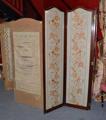 Lot 890 - A mahogany framed three leaf folding screen and a velvet and silk covered four leaf screen