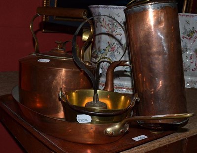 Lot 908 - Copper fish pan, hot water flask, kettle, three brass handled measures, brass pan and a bell