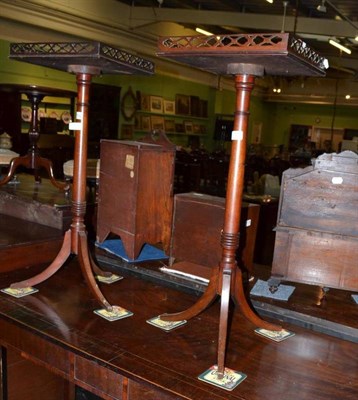 Lot 1102 - Pair of mahogany tripod tables with fret work gallery and a Victorian burr oak tripod table