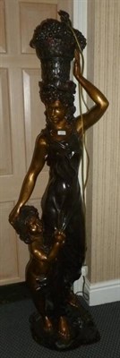 Lot 1218 - A reproduction bronzed figural free standing lamp modelled as a lady carrying a basket of fruit...