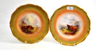 Lot 5 - A Pair of Royal Worcester Cabinet Plates, painted with Highland cattle by Harry Stinton