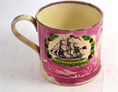 Lot 12 - A Sunderland Lustre Mug, sponge decorated with a panel depicting a ship, 12cm high