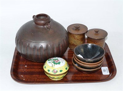 Lot 18 - Four Chinese Stoneware Tea Bowls: A Vase; Two Jars and Covers; and A Canton Enamel Box (8)