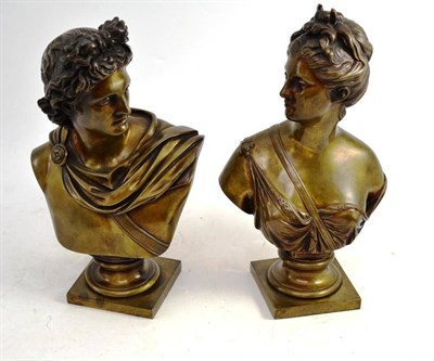 Lot 20 - A Pair of 19th Century French Bronze Busts of Apollo and Diana, after the antique, on square bases