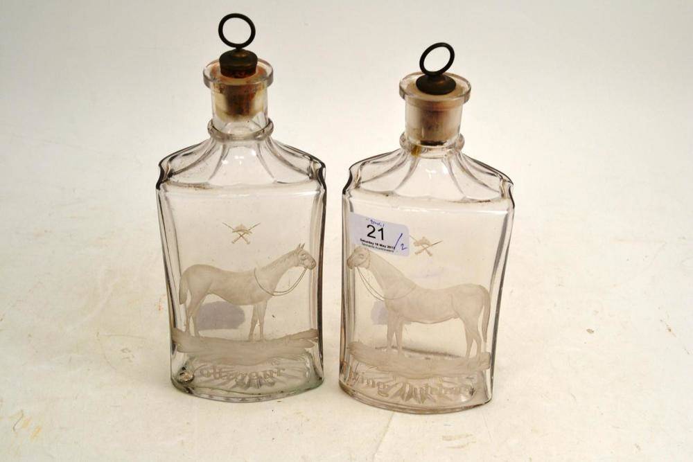 Lot 21 - A Matched Pair of 19th Century Glass Decanters, engraved with horses titled 'Voltrgeur and...