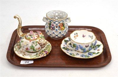 Lot 24 - A Derby Encrusted Teapot, on stand; An Encrusted Cup and Saucer; and A Dresden Plant Pot (4)