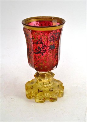 Lot 29 - A Late 19th Century Bohemian Ruby Flash and Amber Tinted Pedestal Vase, 19cm high
