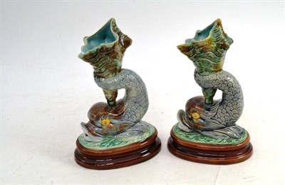 Lot 33 - A Pair of Majolica Dolphin Vases, on oval bases, 20cm high