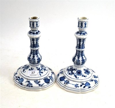 Lot 37 - A Pair of Late 19th/20th Century Meissen Blue and White Onion Pattern Candlesticks, 23cm high