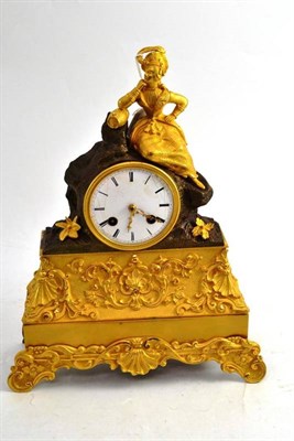 Lot 53 - A Gilt Metal and Bronzed Striking Mantel Clock, circa 1850, surmounted by a figure leaning,...