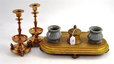 Lot 54 - A Russian Gilt Metal Inkstand, dated 1922, 34cm wide; and A Pair of Russian Brass Candlesticks,...