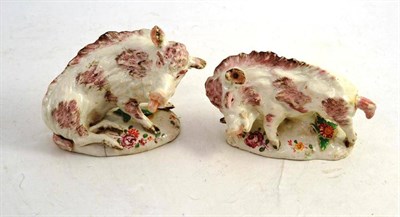Lot 62 - A Pair of Porcelain Boars, in 18th century Derby style, 14cm long