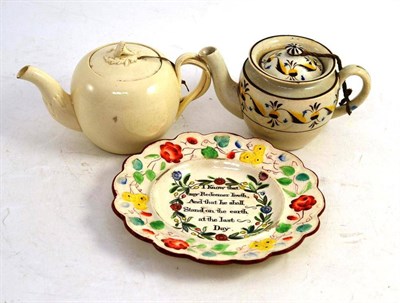 Lot 63 - A Creamware Child's Plate; A Creamware Teapot and Cover; and A Pearlware Teapot and Cover (3)