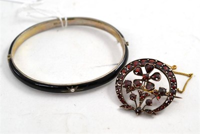 Lot 93 - A Black Enamelled Bracelet, half hinged and set with a seed pearl to the front; and A Garnet...