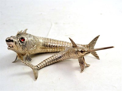 Lot 100 - A Continental Silvered Metal Articulated Fish, 18cm long; and Another, as a swordfish (2)