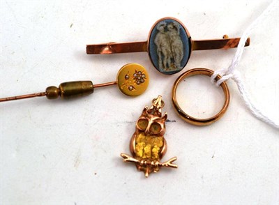 Lot 103 - A 9 Carat Gold Band Ring, finger size J; An Owl Pendant, realistically modelled, perched on a...