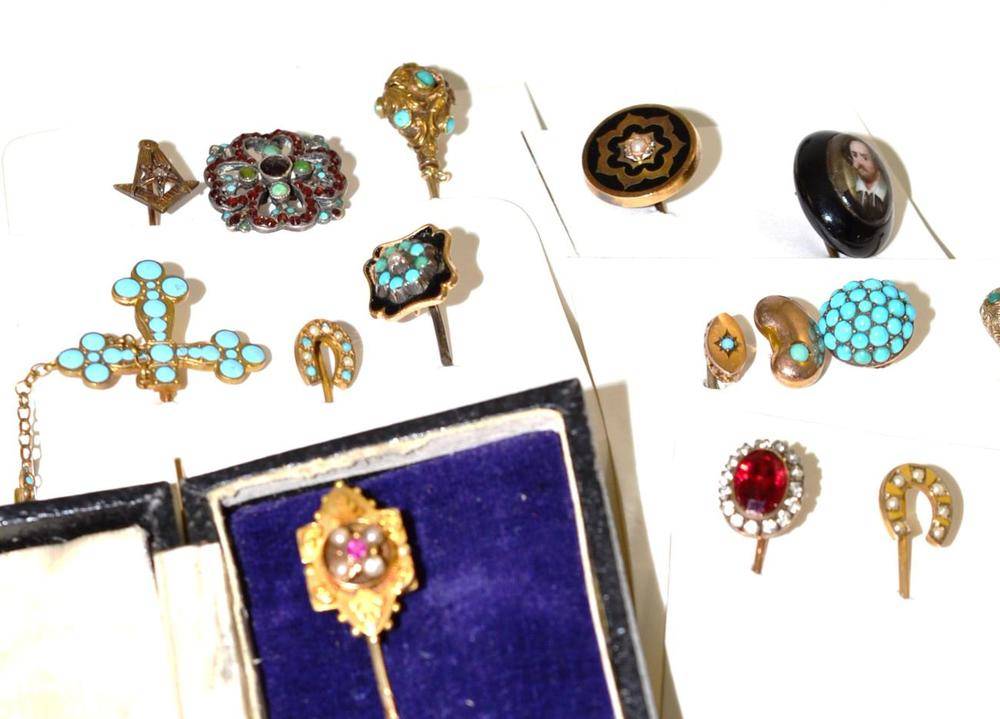 Lot 115 - Fifteen Victorian Stick Pins, including one set with ruby and seed pearls, several set with...