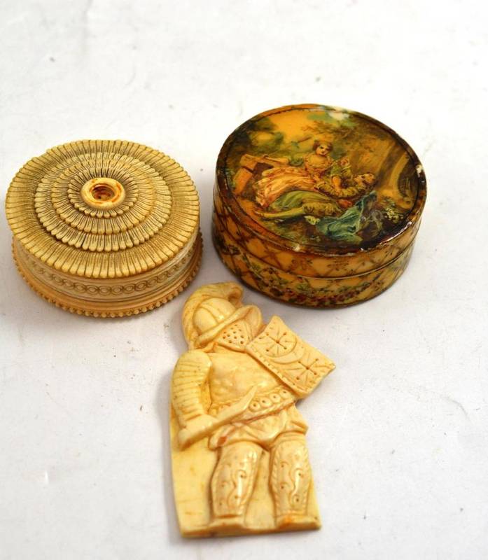 Lot 120 - An 18th Century Style Vernis Martin Type Painted Ivory Box; Another Ivory Box; and A Plaque (3)