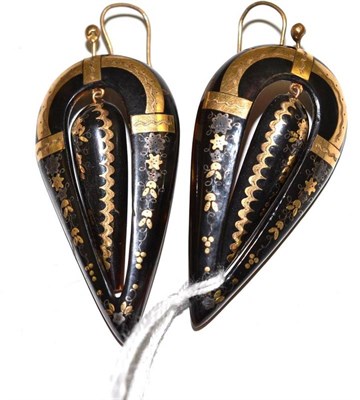 Lot 121 - A Pair of Tortoiseshell Pique Earrings, of pointed drop form with an applied floral motif, hook...
