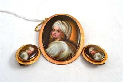 Lot 130 - A Painted Porcelain Brooch and Earrings Suite, painted with Lady Hester Stanhope, in plain...