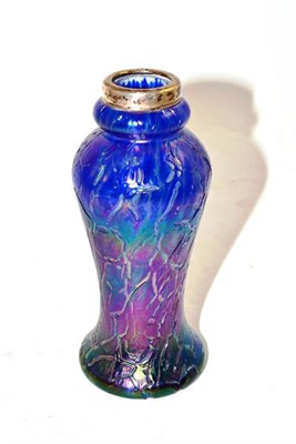 Lot 155 - A Loetz Style Iridescent Glass Vase, 16 cm high, with silver hallmark collar