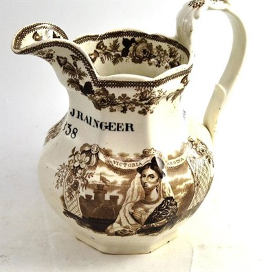 Lot 168 - A Staffordshire Jug, brown printed with Victoria, inscribed 'D.S.JRAINGEER 1838', unmarked