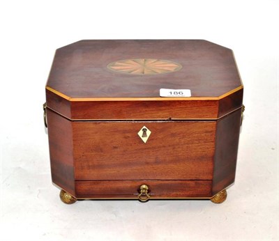 Lot 186 - A George III Mahogany Octagonal Shaped Sewing Box, the lid inlaid with oval pattra, with brass...
