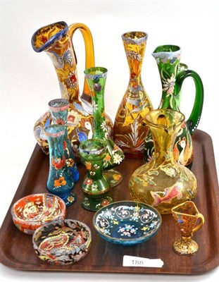 Lot 188 - Thirteen Pieces of Assorted Hand Painted Coloured Glass, several pieces signed Royo