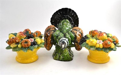 Lot 207 - A German Majolica Style Pottery Capercaille, 27cm high; and A Pair of Faience Fruit Form Bowls...