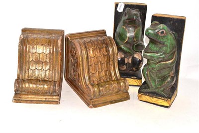 Lot 218 - A Pair of Giltwood and Gesso Acanthus Scroll Bookends; and Two Carved Wooden Frog Bookends (4)