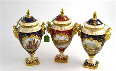 Lot 219 - Three Modern Coalport Vases and Covers, 'Haddon Hall', 'Lincoln Cathedral' and 'Madeley Court',...