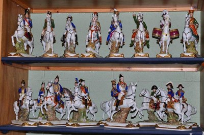 Lot 226 - Eighteen Late 19th/Early 20th Century Dresden Porcelain Military Equestrian Figures, 29cm high (18)