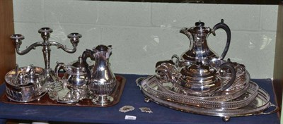 Lot 228 - A Quantity of Plated Ware, including trays, four piece tea set; and A Silver Brandy Label