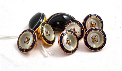 Lot 238 - Six Buttons, of mother-of-pearl disks within a blue enamelled border; and A Sardonyx Cufflink,...